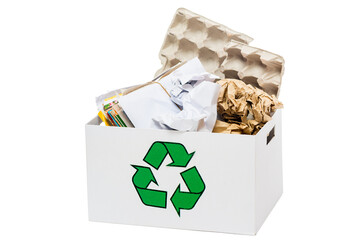 Wastepaper in rubbish bin closeup on white background.