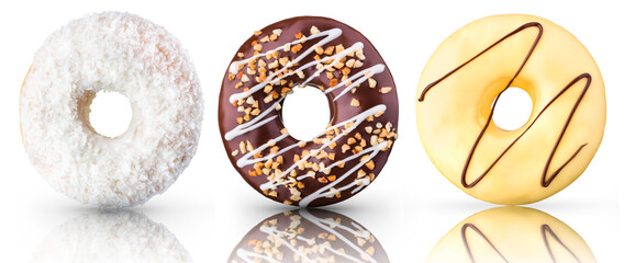Set of glazed donuts with sprinkles on a white background