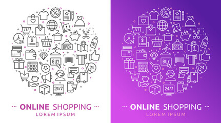 Online shopping. Vector illustration of shopping, E-commerce icons with payment, mobile shop, wallet, sale, gift box and tags symbols. Background for m-commerce, delivery, websites and apps, marketing