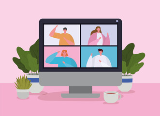 People on computer in video conference design, Call online chat and webcam theme Vector illustration