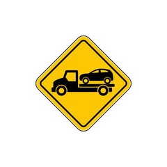 Tow truck road sign. Towing truck van with car icon isolated on white background