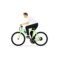 Young man rides on bike isolated on white background. Vector illustration on flat design