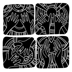 Vector design set with four squares icon with hands. Stylized prints of a hand. Elements isolated on white background. Can be used for printing on paper, stickers, badges, jewelry, cards, textiles.