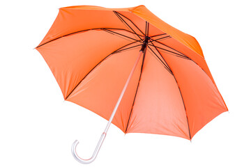 Open umbrella cane of orange color on a white background