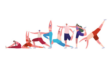 Men and women with sportswear doing yoga design, Stay at home gym sport and bodybuilding theme Vector illustration