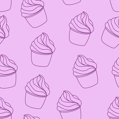 Seamless pattern with cupcakes. Vector hand drawn Illustration. Line art style dessert isolated on pink background. Can be used as packaging, wrapping paper, wallpaper