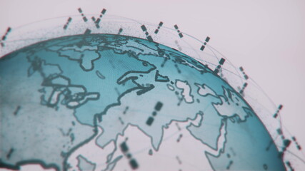 Fototapeta premium Digital earth data globe - abstract 3D rendering satellites starlink video network connection the world. satellites create oneweb or skybridge surrounding planet conveying complexity big data flood