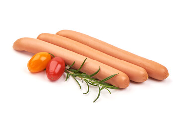Fresh boiled Wiener sausages, isolated on white background