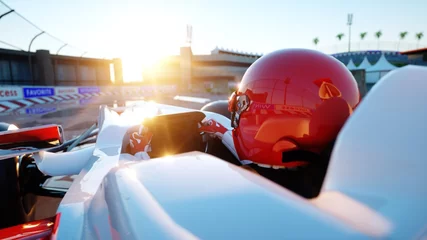 Schilderijen op glas Racer van formule 1 in een racewagen. Race en motivatie concept. Prachtige zonsondergang. 3D-rendering. © 3D motion