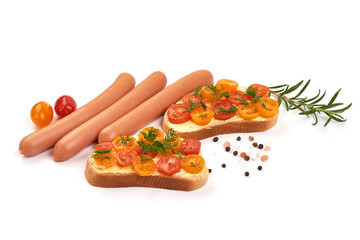 Fresh boiled Wiener sausages, isolated on white background