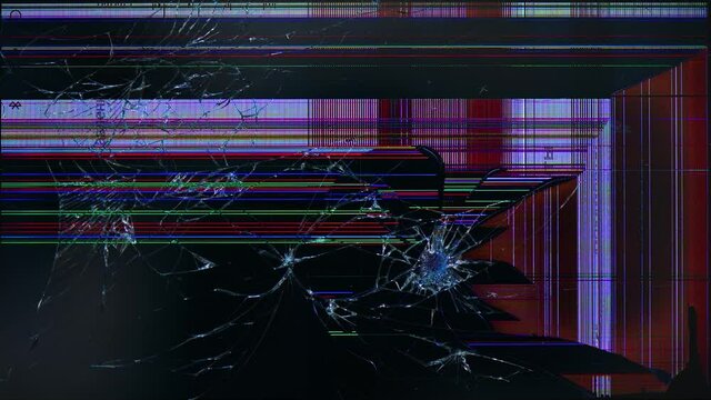 Broken shattered TV or phone screen with glitch and cracks