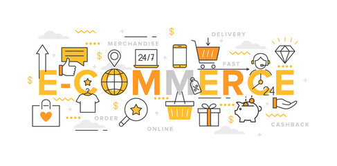 E-commerce. Vector illustration of online shopping and retail with icons and text for app, web, graphic design, banner, background, websites, infographics, advertisement. Shopping bonus system. 