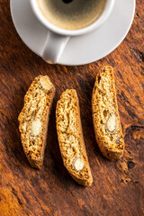 Sweet italian cantuccini cookies. Almonds biscuits with coffee.
