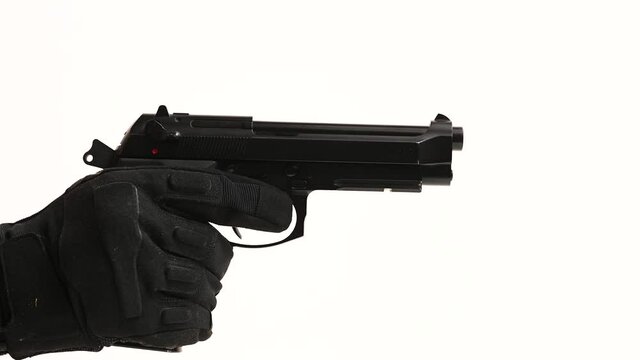 Pistol gun reloading and misfire on white background