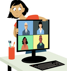 Woman hiding behind a computer screen from a work video chat, EPS 8 vector illustration
