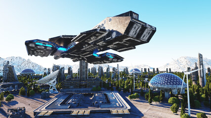 spaceship in a futuristic city, town. The concept of the future. Aerial view. 3d rendering. © 3D motion