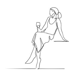 Beautiful girl sitting at a table in a cafe drinking wine, brunette, vector line illustration. One line drawing of a woman in a dress sitting and drinking wine from a glass. minimalist stylish art. 