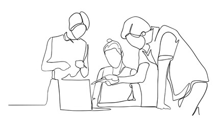 Work process - colorful line design style illustration on white background. High quality composition with two men, business colleagues discussing the project at the computer, one helping another. 