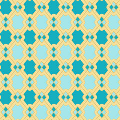 Vector seamless geometric pattern in blue and gold colors. Dainty rhombus tiles pattern in vintage style