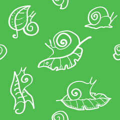 Snails on green leaves. Doodle hand drawn seamless pattern 