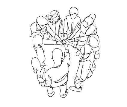 Top view continuous line drawing of young business group holding hand together. Business teamwork concept - single line drawing vector. continuous line drawing of team holding hands together. Vector.