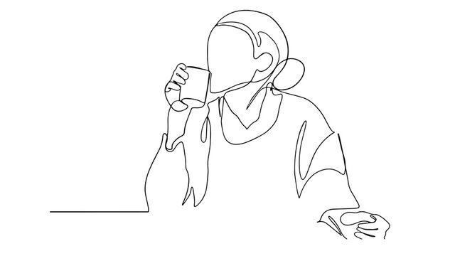 Continuous line drawing of sitting dreaming woman with cup of tea. Woman sitting and drinking cofee, tea with a cap. Vector.