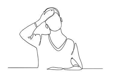 Sick woman is suffering from headache, migraine, fever. Person holds his head, forehead with hand. Hand drawn vector illustration. woman having a fever. Coronovirus. covid-19. Vector.