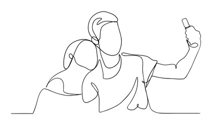 Continuous One Line Drawing of Selfie lover couple. Vector illustration portrait character of young man and woman, holding smartphone, making selfie photo with smile and happiness.