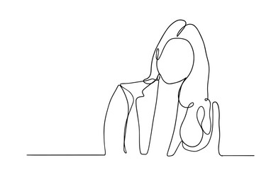 Businesswoman sitting at her workplace in office. Business concept illustration. Continuous line drawing. Isolated on the white background. Vector illustration monochrome.