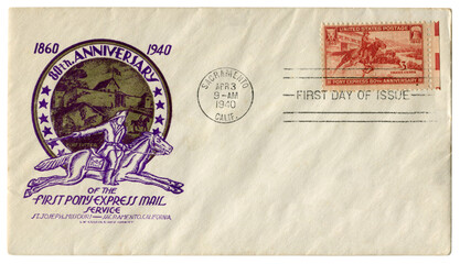 Sacramento, California, The USA  - 3 April 1940: US historical envelope: cover with cachet 80th Anniversary of the fist Pony Express service, postage stamp 1860-1940, three cents, first day of issue
