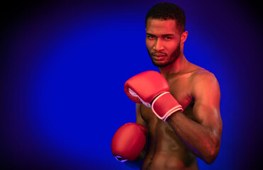 Fototapeta na wymiar Determined Boxer Posing Wearing Gloves Ready To Fight, Studio Shot