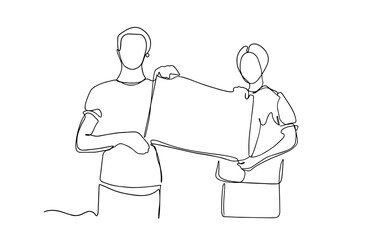 Two man holding a blank poster at a meeting protesting. people with protest signboard banner standing line vector drawing. One line illustration of two man with a blank paper roll. continuous one line