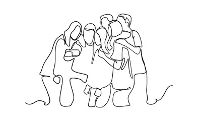 group of happy young friends making selfie - one line drawing. Continuous one line drawing of group people selfie. Man and women taking a picture with smartphone to capture moment vector minimalism.