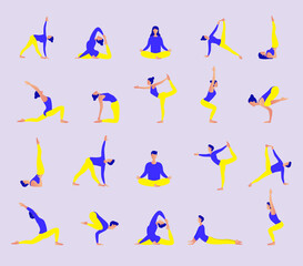 Big set of vector human silhouettes doing yoga exercises.