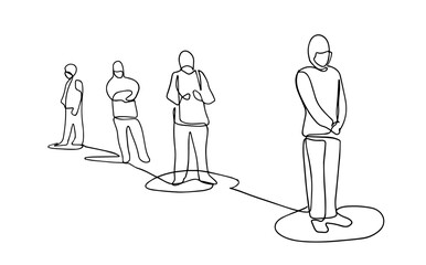 Social Distancing, People keeping distance for infection risk and disease ,wearing a surgical protective Medical mask for prevent virus Covid-19. Health care concept. Line drawing vector illustration