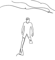 Continuous single one drawn scuba diver line underwater in the sea. The concept of sport is a journey of scuba diving.Underwater scuba diving sport concept. Trendy one line draw design vector