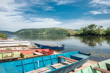 danube river landscape with fishing boats on coast.