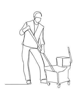 continuous one line drawing of a man, wearing a mrdical mask cleaning the floor using mop. continuous single drawn one line male cleaner washes the floor painted by hand picture silhouette.