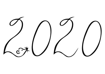 New Year 2020. Year of the rat. Eastern calendar. Chinese New Year. Isolated object on a white background. Eastern zodiac. Hand drawing. Cute rat. Mouse. Inscription.