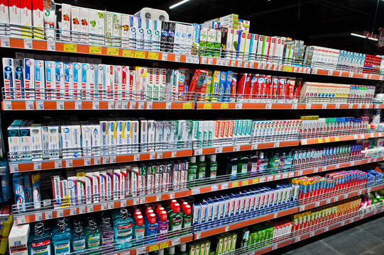 Kiev, Ukraine - September 4, 2019: Silpo supermarket. Toothpaste on the shelf of store.