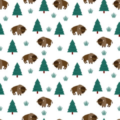 Vector seamless pattern of cute bison buffalo in woodland. © MinimoleStudio