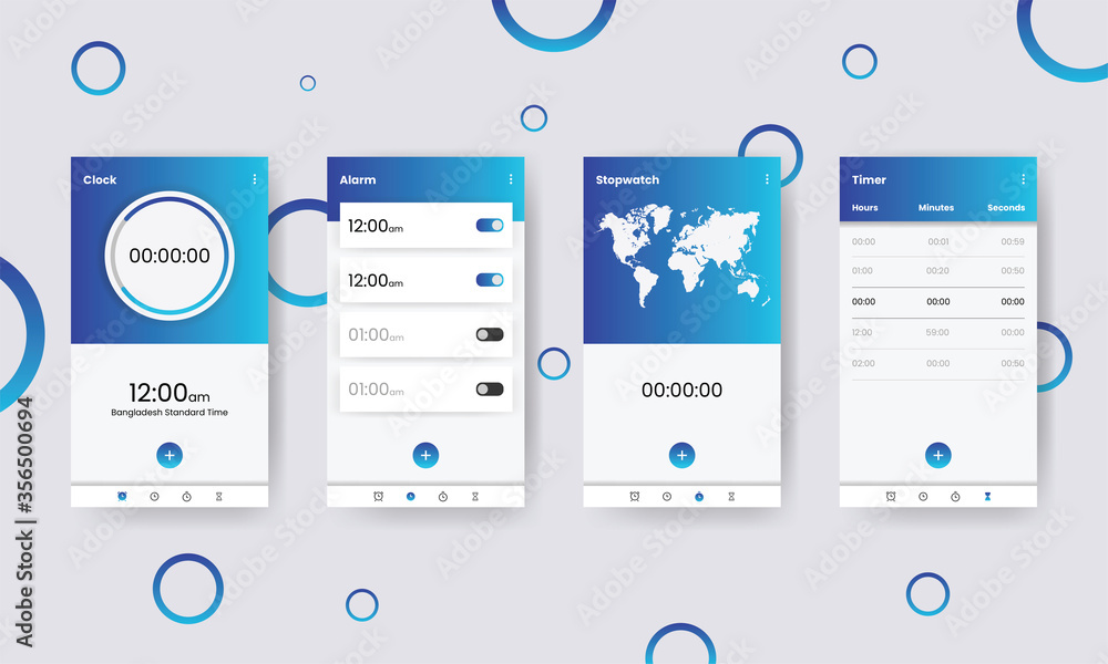 Wall mural Time app vector design. Illustration of clock and timer, alarm and stopwatch.Digital clock alarm phone application. Cellphone watch widget futuristic vector user interfaces.