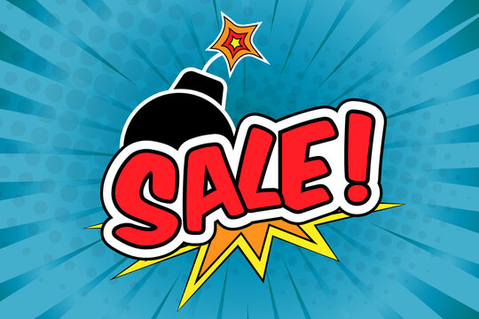 Sale banner, vector pop art illustration with comic bomb explosion on blue background, cartoon style image.