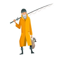 Old bearded man with fish rod and a bag in his hands. Caughted fish in a bag. Fisher in raincoat. Successful fishing