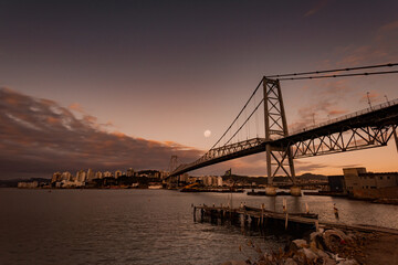 new bridge Hercilio Luz Florianopolis Santa Catarina Brazil, image made from the continent, showing the sunset