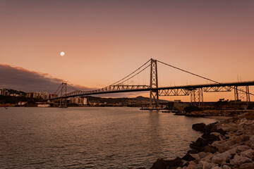 new bridge Hercilio Luz Florianopolis Santa Catarina Brazil, image made from the continent, showing the sunset