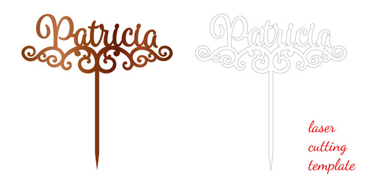 Sign 'Patricia' cake toppers for laser or milling cut. Cut for decoration design. Name topper. Holiday greeting. Elegant decoration. Laser cut. Isolated design element.