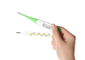 Woman holding different thermometers on white background, closeup
