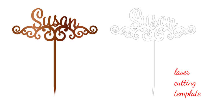 Sign 'Susan' cake toppers for laser or milling cut. Cut for decoration design. Name topper. Holiday greeting. Elegant decoration. Laser cut. Isolated design element.
