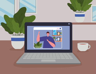 Man avatar on laptop in video chat design, Call online conference and webcam theme Vector illustration